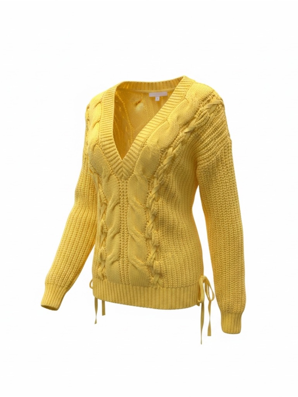 Yellow Cable-Knit V-Neck Sweater with Lace-Up Detail